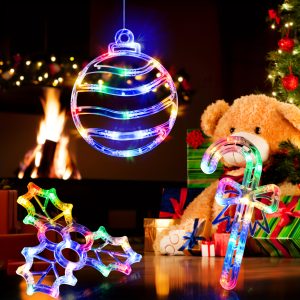 LOLStar Christmas Window Lights, 3 Pack Multicolor Christmas Ball, Holly Berry, Candy Cane Lights With Suction Cup, Timer Function And Slow Fade Mode Battery Operated Lights For Christmas Decoration