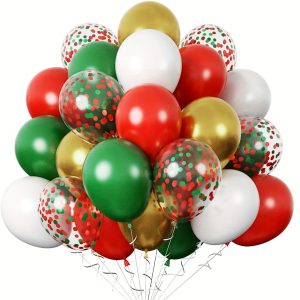 Festive 50-Piece Balloon Set: 10 Red, 10 Green, 10 White, 10 Golden, And 10 Confetti Balloons (12