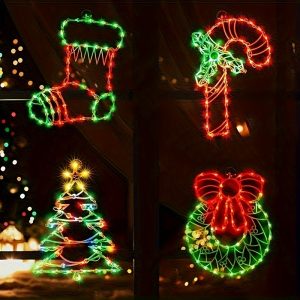 4 Pack Lighted Candy Cane, Wreath, Stocking, Christmas Tree Christmas Window Silhouette Lights Decorations For Christmas, Party, Home, Patio Lawn, Garden