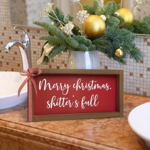 Merry Christmas Bathroom Sign, Wooden Shitter's Full Funny Christmas Wall Art Decor