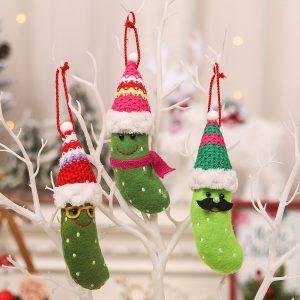 3pcs Christmas Pickle Ornaments with Santa Hats - Festive Tree Decorations, No Power Needed, Featherless Fabric Home & Party Decor